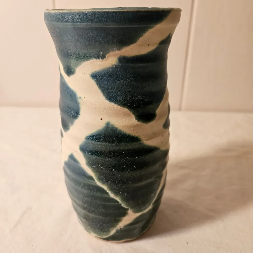 Handmade Pottery Vase Turquoise & White, Unique, Home Decor, Signed‎